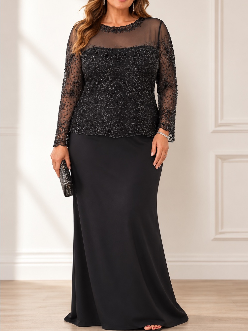 Cameron Blake Mon Cheri Beaded Mesh Formal Evening Gown Black Size 18 Long